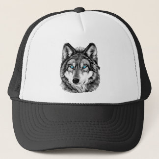 Painted Wolf Grayscale Blue Eyes Trucker Hat