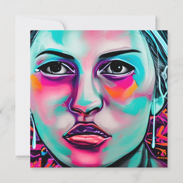 Painted Women's Face and Tear | Teal and Pink Art (Front)