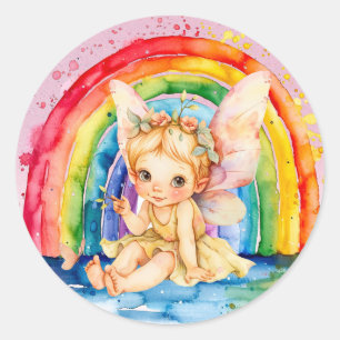Painted Yellow Fairy Rainbow Girl Birthday Party Classic Round Sticker
