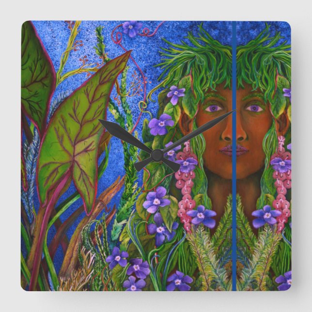 Painted Young Woman in Tropical Landscape Square Wall Clock (Front)