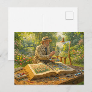 Painter in garden from art storybook holiday postcard