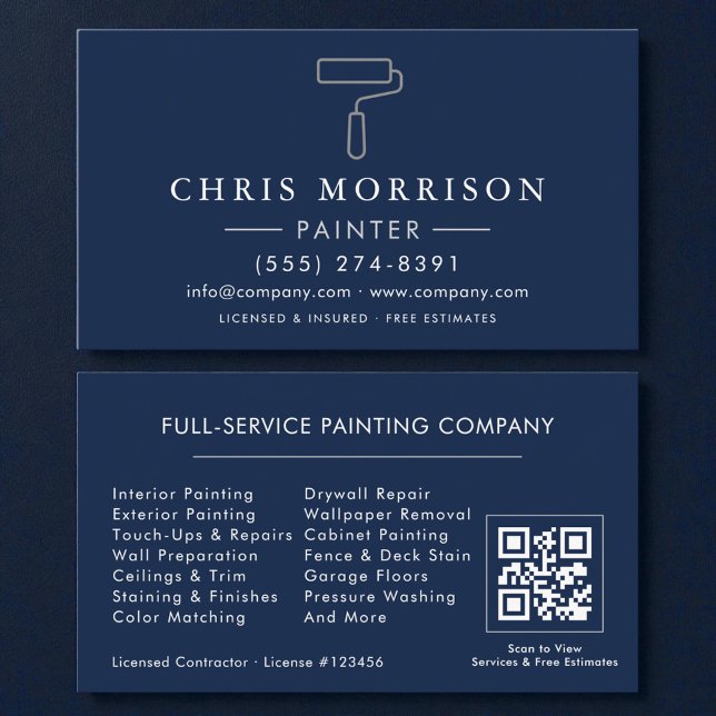Painter Navy Blue Silver QR Code Business Card (Creator Uploaded)