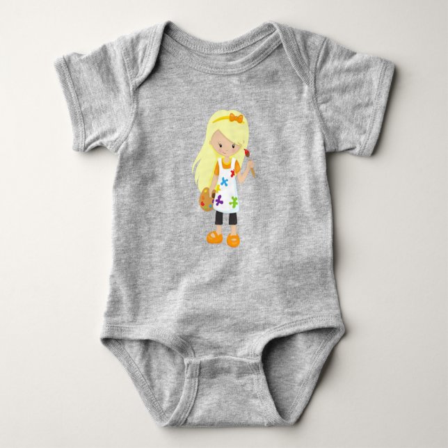 Painter, Paint Artist, Cute Girl, Blonde Hair Baby Bodysuit (Front)