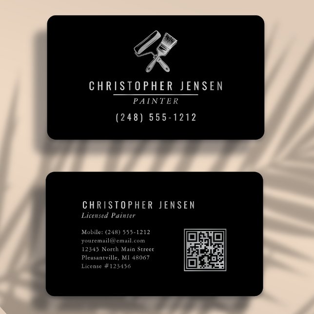 Painter QR Code Black Silver Rounded Painting Business Card (Creator Uploaded)