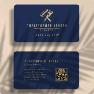 Painter QR Code Navy Blue Gold Rounded Painting Business Card