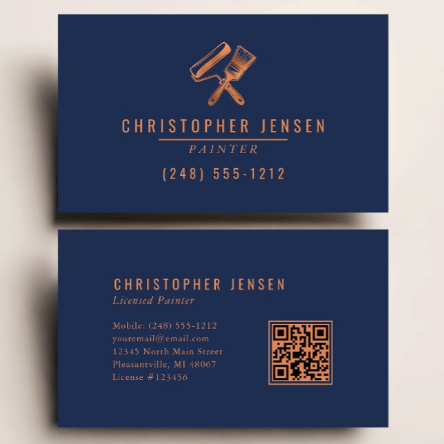 Painter QR Code Painting Business Navy Blue Copper Business Card (Creator Uploaded)