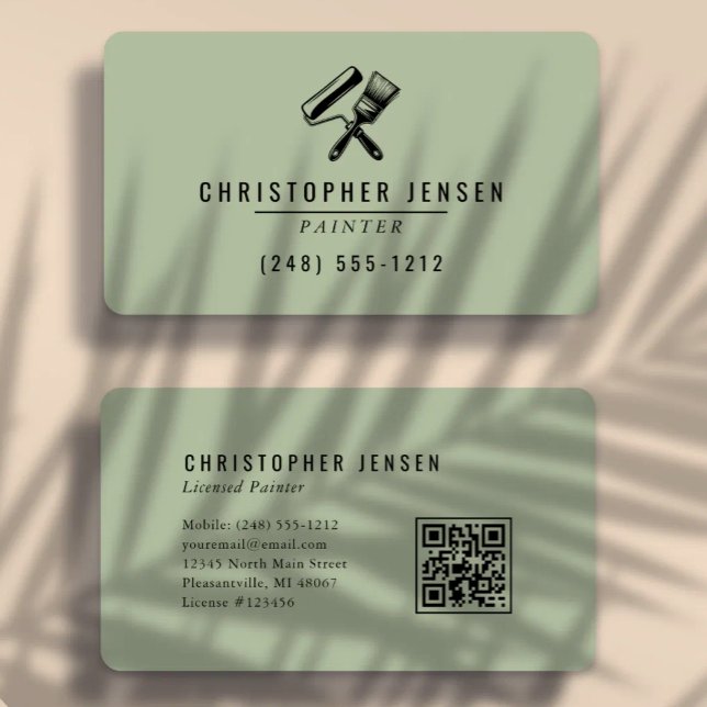 Painter QR Code Sage Green Black Rounded Painting Business Card (Creator Uploaded)