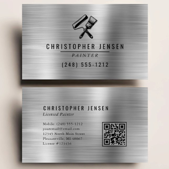 Painter QR Code Silver Black Metallic Painting Business Card (Creator Uploaded)
