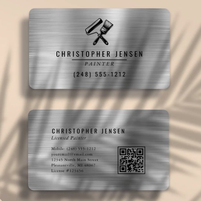 Painter QR Code Silver Black Metallic Rounded Business Card (Creator Uploaded)