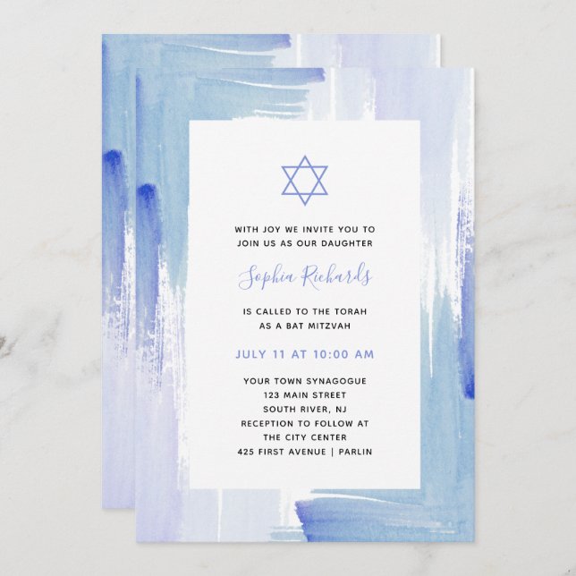 Painterly Blue Watercolor | Bat Mitzvah Invitation (Front/Back)