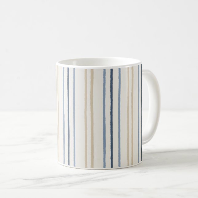 Painterly Coastal Blue and Sand Pinstripe Pattern Coffee Mug (Front Right)