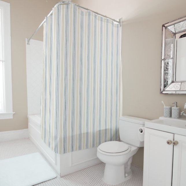 Painterly Coastal Blue and Sand Pinstripe Pattern Shower Curtain (In Situ)