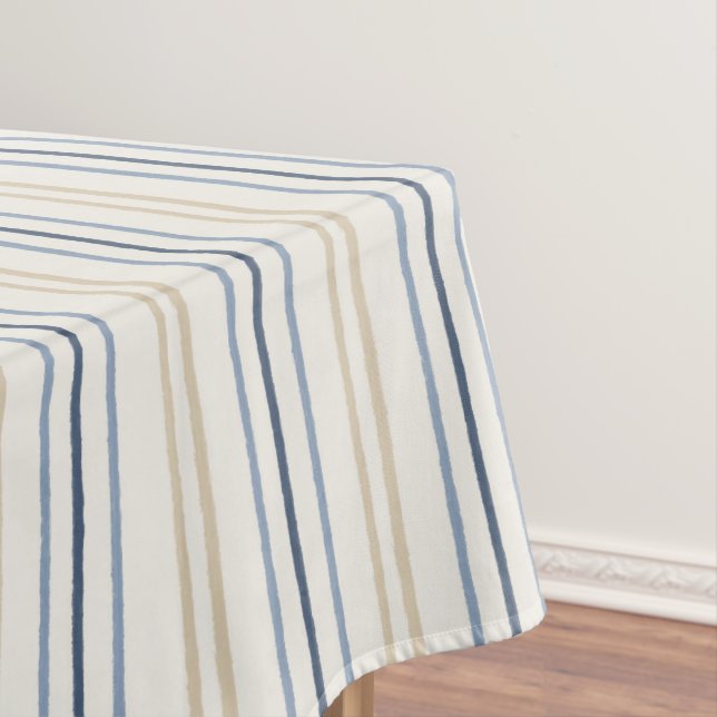 Painterly Coastal Blue and Sand Pinstripe Pattern Tablecloth (In Situ)