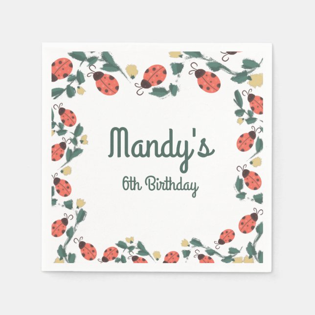 Painterly Lady Bug Birthday Garden Party Napkin (Front)