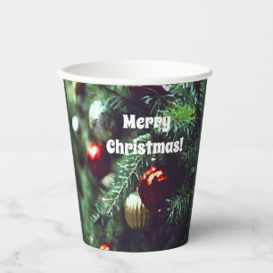 Painterly Merry Christmas Tree with Red Ornaments Paper Cups