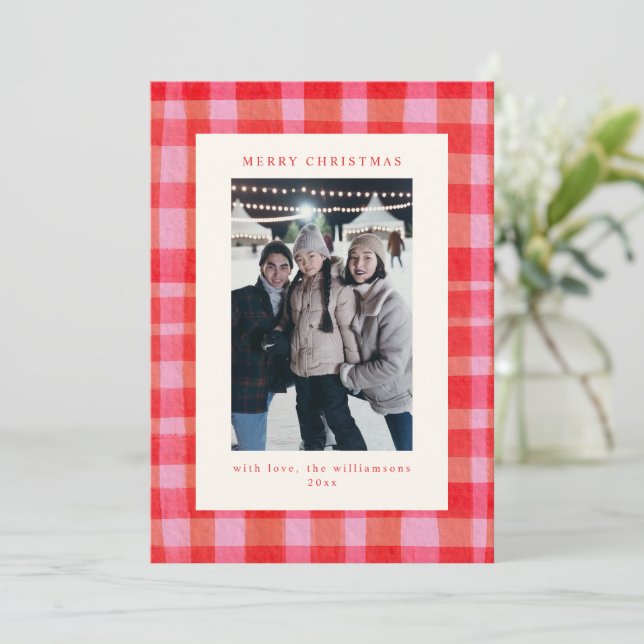 Painterly Pink Red Plaid Christmas Photo Letter Holiday Card (Standing Front)