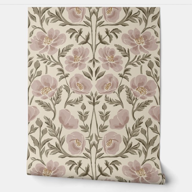 Painterly Poppy Arts And Crafts - Heritage Beige Wallpaper (Unrolling)