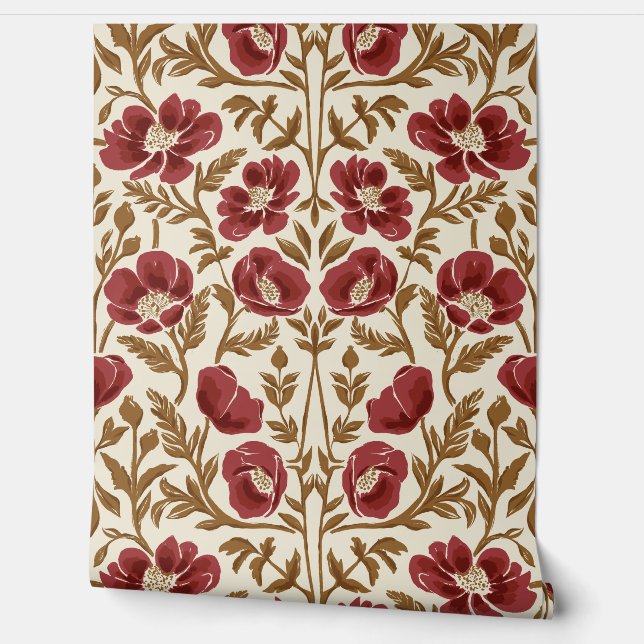 Painterly Poppy Arts And Crafts - Red Beige Wallpaper (Unrolling)