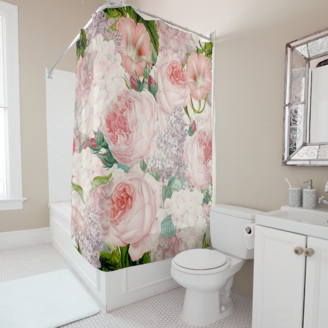 Painterly Retro Roses Lilacs Flower Spring Pattern Shower Curtain (In Situ)