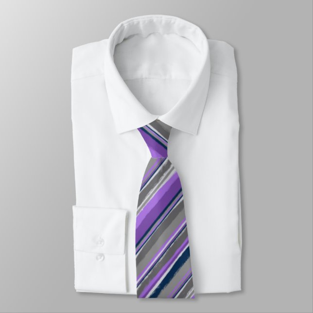 Painterly Striped Purple & Grey Two-Sided Wedding Tie (Tied)