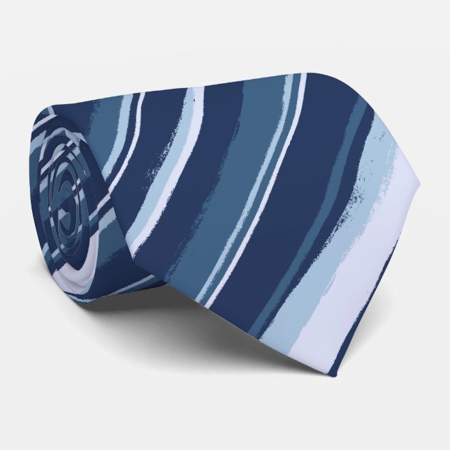 Painterly Striped Tonal Blues Two-Sided Tie (Rolled)