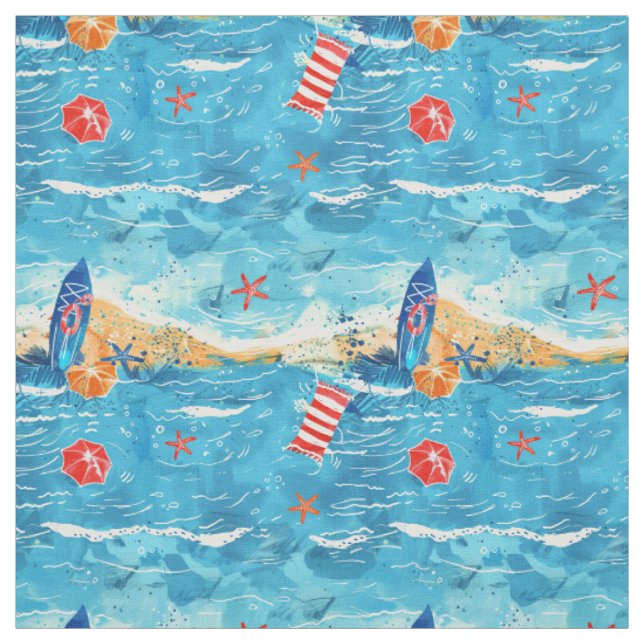 Painterly Surf & Ocean Wave Beach Pattern Fabric (Swatch)