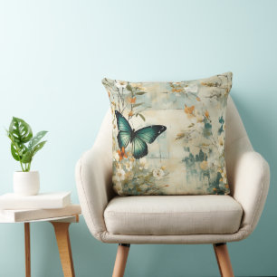 Painterly Teal Butterfly Floral Sage Terracotta Cushion