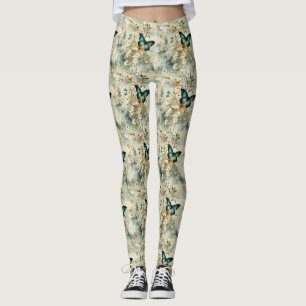 Painterly Teal Butterfly Floral Sage Terracotta Leggings