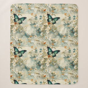 Painterly Teal Butterfly Floral Sage Terracotta Sherpa Blanket