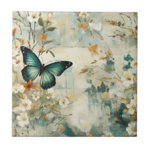Painterly Teal Butterfly Floral Sage Terracotta Tile