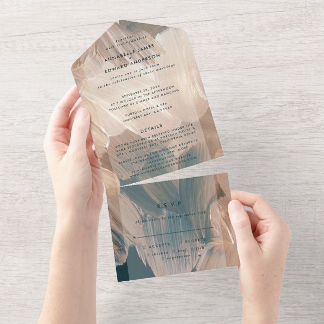 Painterly teal terracotta abstract rsvp wedding all in one invitation (Tearaway)