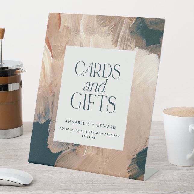 Painterly terracotta teal wedding cards and gifts  pedestal sign (In SItu)