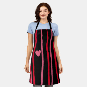 Painterly Valentines Stripes and Heart Black   Apron