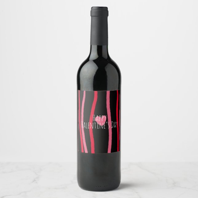 Painterly Valentines Stripes and Heart Black  Wine Label (Front)
