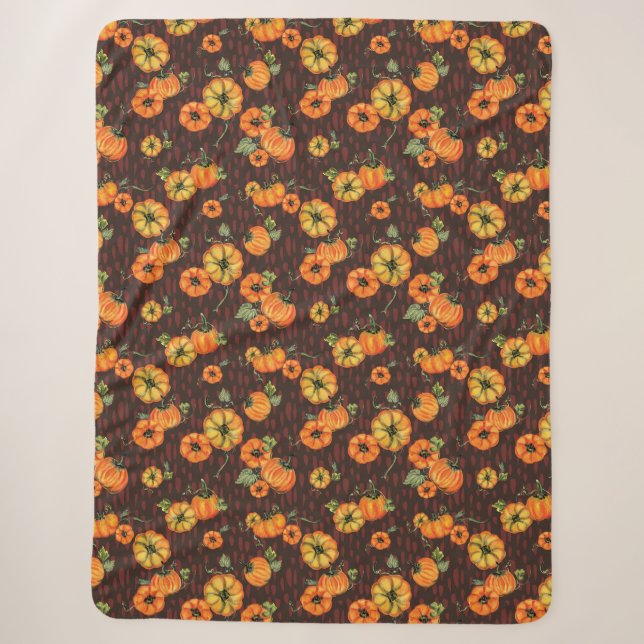 Painterly Watercolor Fall Pumpkins Orange/Black Sherpa Blanket (Front)
