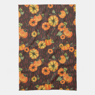 Painterly Watercolor Fall Pumpkins Orange/Black Tea Towel