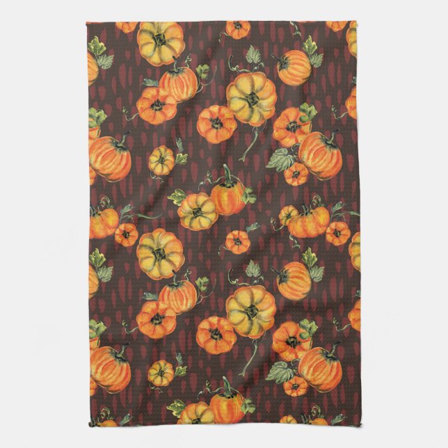 Painterly Watercolor Fall Pumpkins Orange/Black Tea Towel (Vertical)