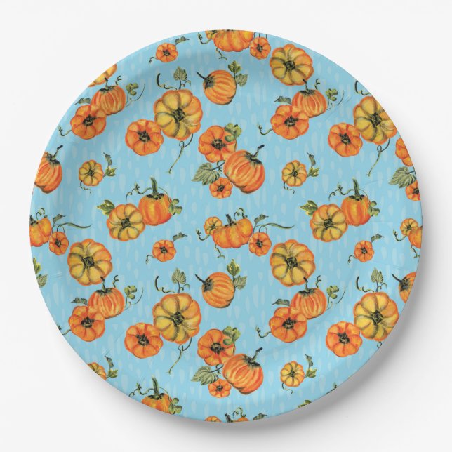 Painterly Watercolor Fall Pumpkins Orange/Blue Paper Plate (Front)