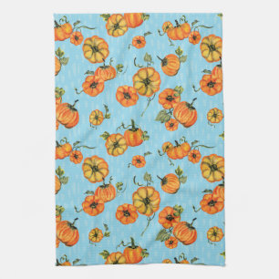 Painterly Watercolor Fall Pumpkins Orange/Blue Tea Towel