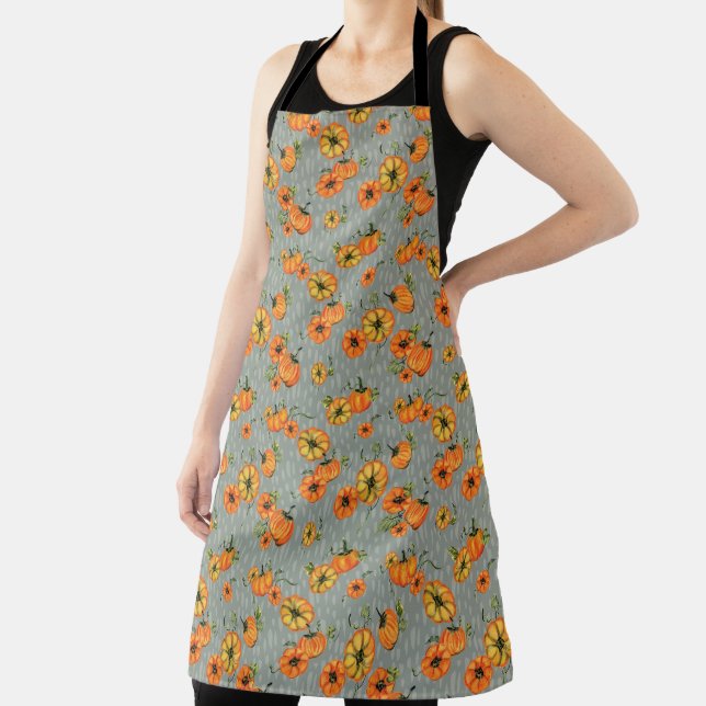 Painterly Watercolor Fall Pumpkins Orange/Greige Apron (Insitu)
