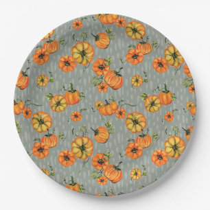 Painterly Watercolor Fall Pumpkins Orange/Greige Paper Plate