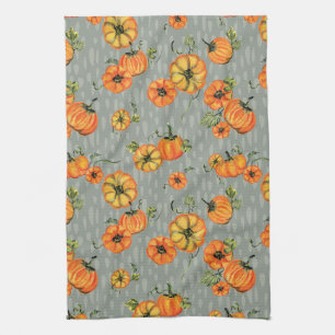 Painterly Watercolor Fall Pumpkins Orange/Greige Tea Towel