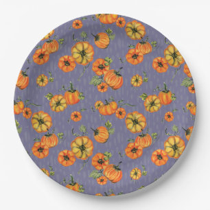 Painterly Watercolor Fall Pumpkins Orange/Purple Paper Plate