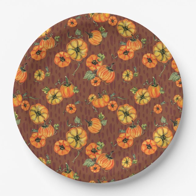 Painterly Watercolor Fall Pumpkins Orange/Rust Paper Plate (Front)