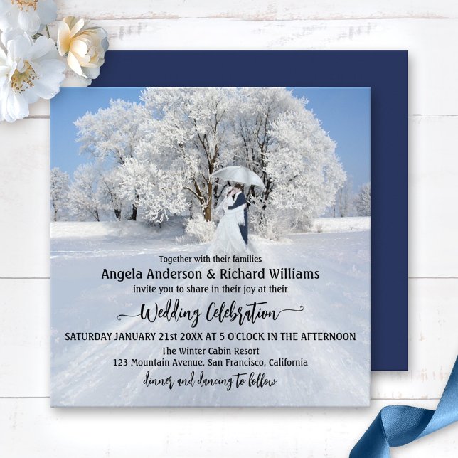 Painterly Winter Wonderland Wedding Invitation (Romantic wedding invitation with a painting of a couple with an umbrella in a snow covered landscape)