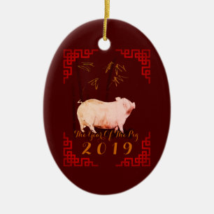 Painting Bamboo Chinese Frame Pig Year 2019 Oval O Ceramic Tree Decoration