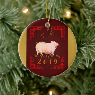 Painting Bamboo Chinese Frame Pig Year 2019 RoundO Ceramic Tree Decoration
