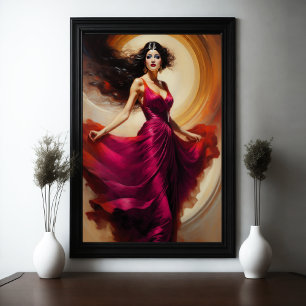 Painting Beautiful Woman Stunning Red Dress III Poster