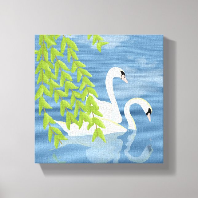 Painting Blue and Green pair of Swans on the lake Canvas Print (Front)