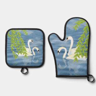 Painting Blue and Green pair of Swans on the lake Oven Mitt & Pot Holder Set